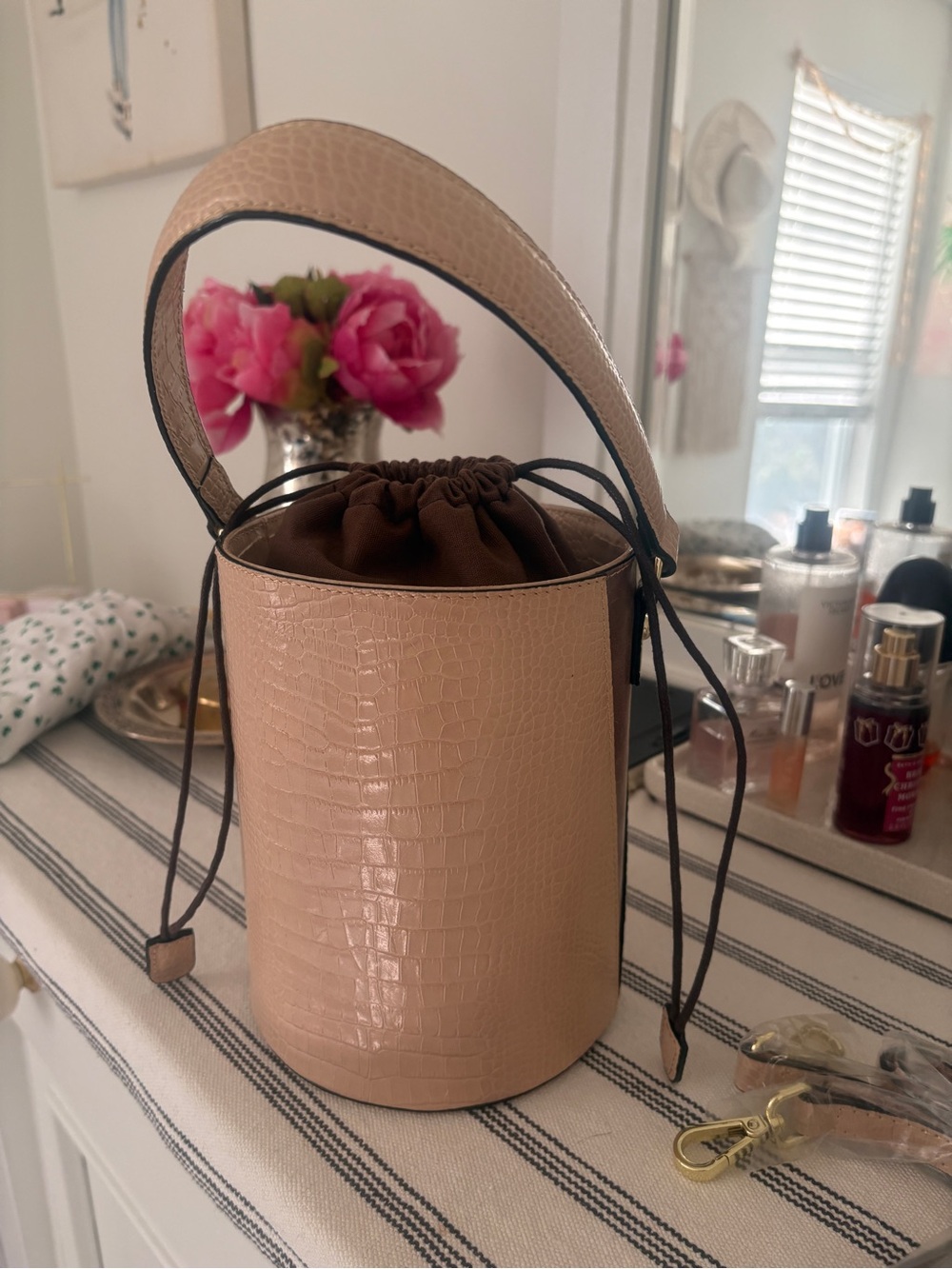 Croc-Embossed Mini Bucket Bag in Beige